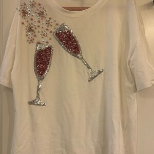 NWT! White T-Shirt with Sequin Champagne Glasses